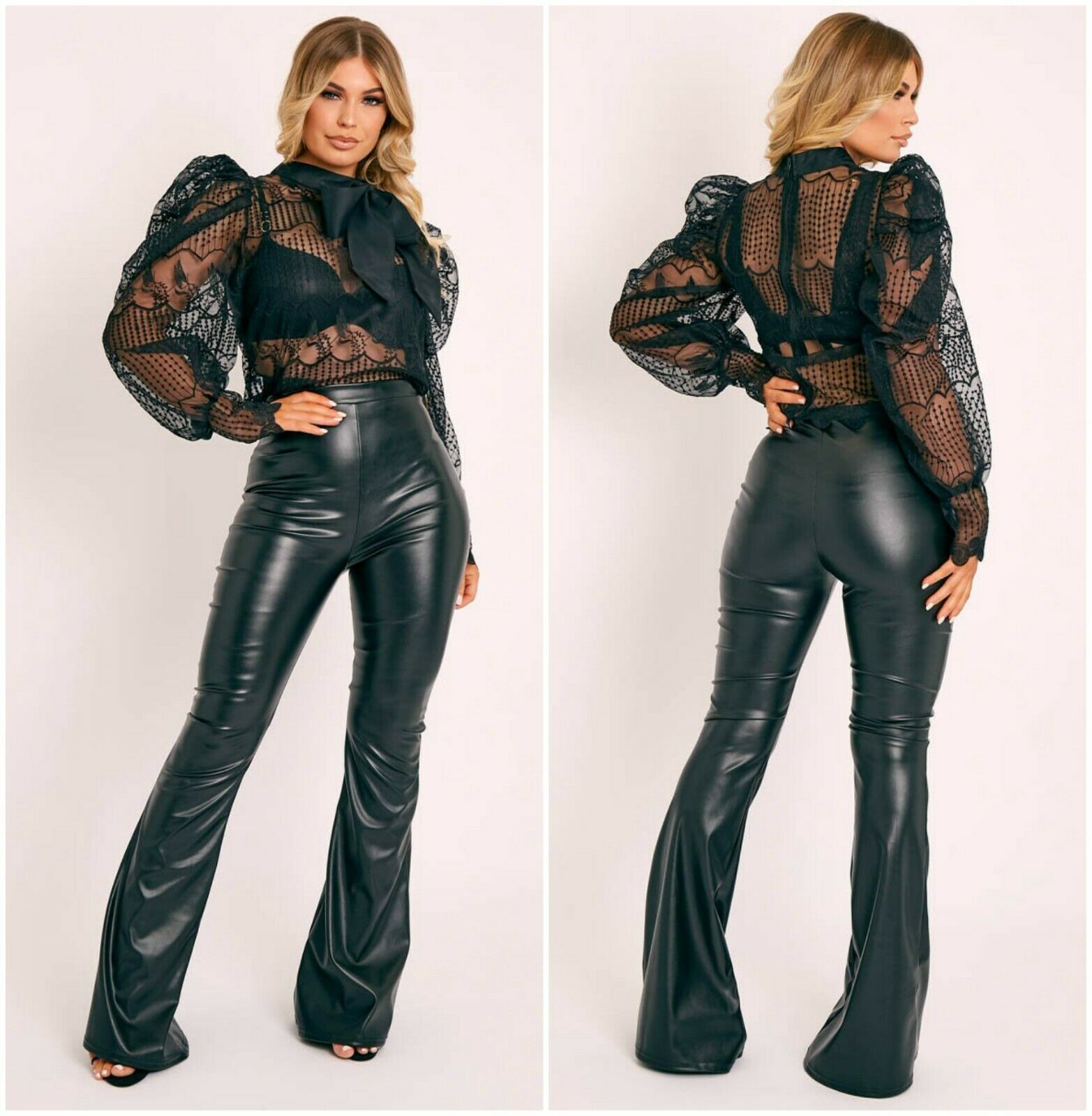 Womens Ladies Black Faux Leather High Waist Flared Trousers Bottom Pan –  funkyfashionuk