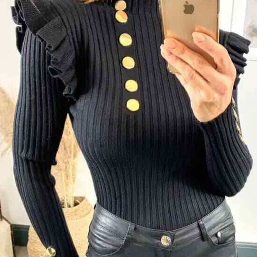 Womens Full Sleeves Knitted Sweaters Jumpers Party Top Gold Button