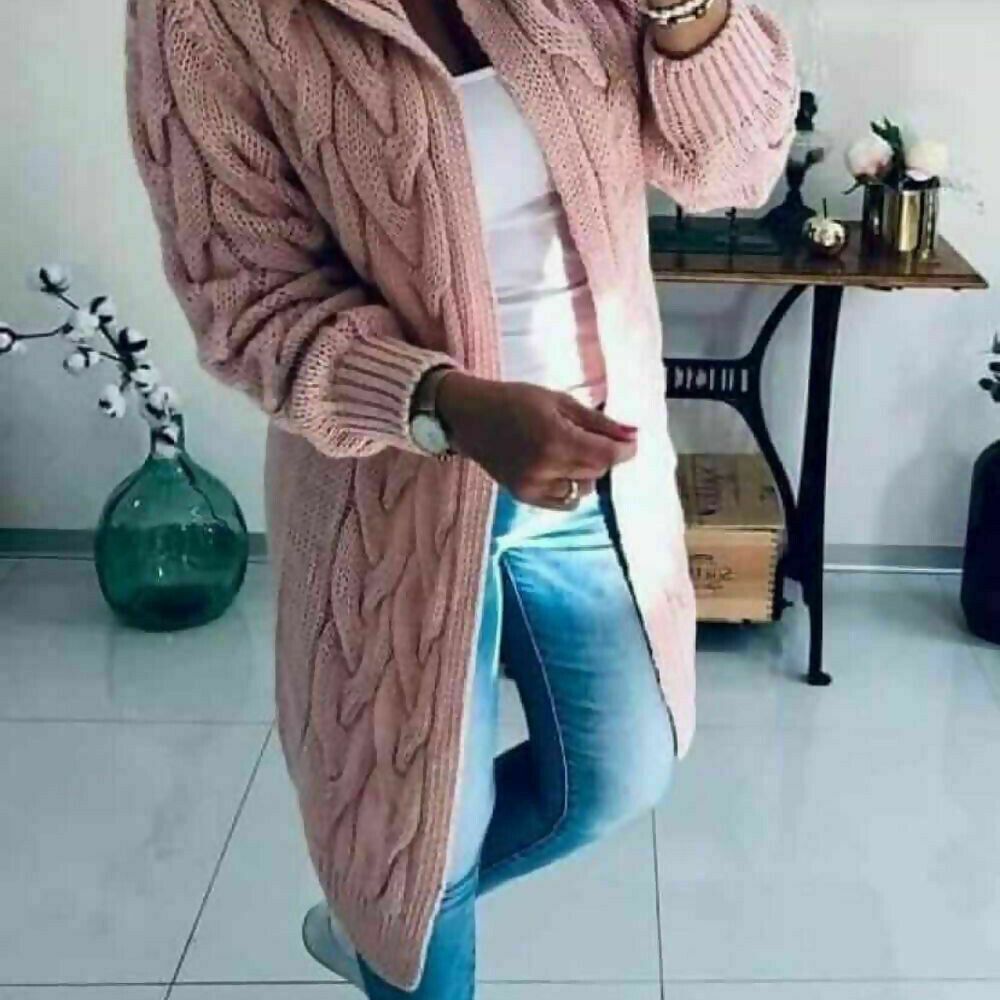 Women Full Sleeve Cable Knit Cardigan Hooded Long Line Jumper