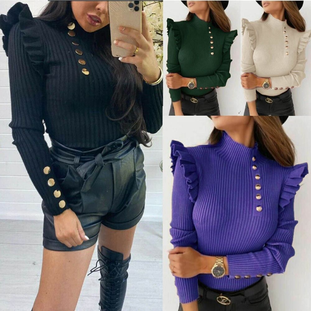 Womens Full Sleeves Knitted Sweaters Jumpers Party Top Gold Button