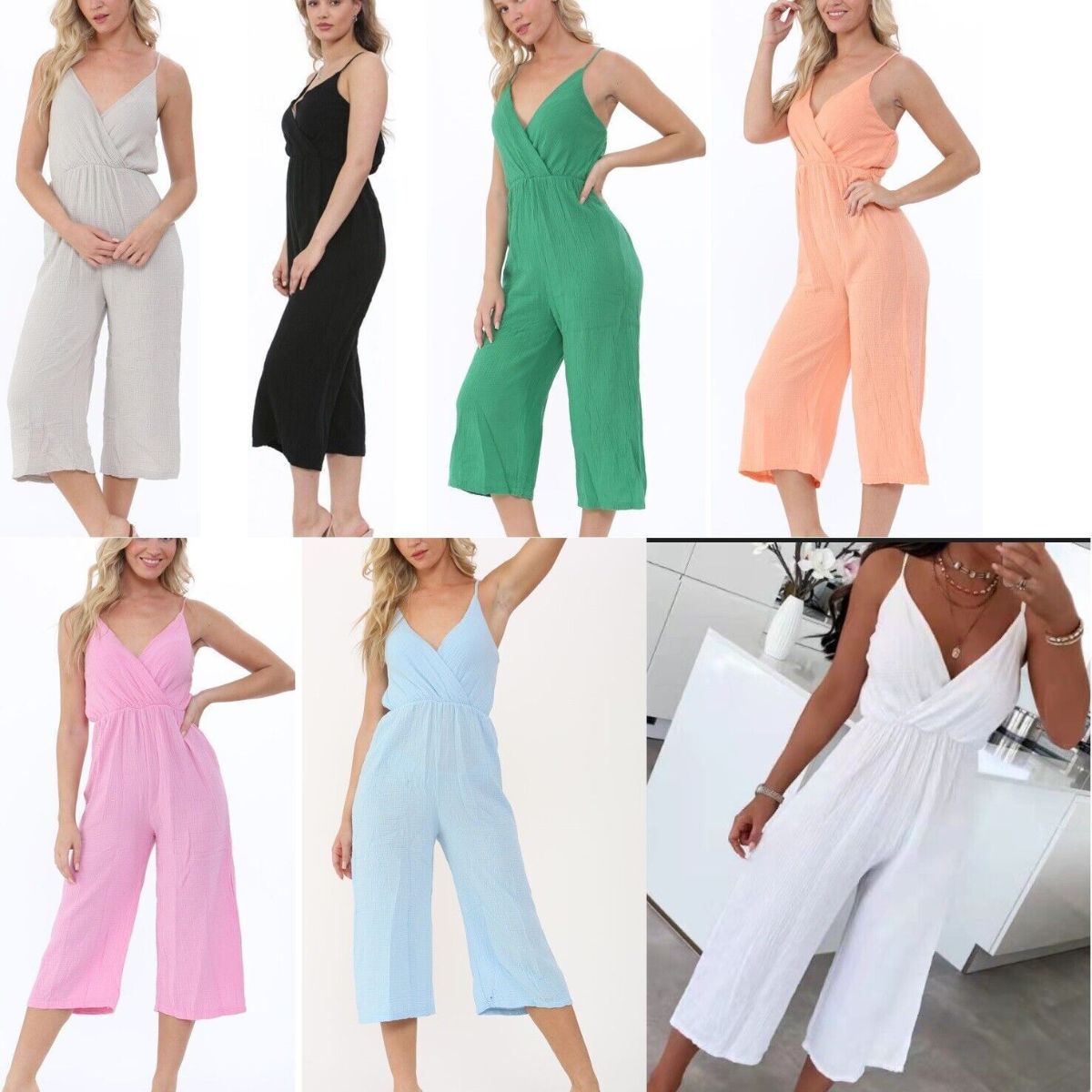 Ladies Wrap Over Jumpsuit Wide Leg Strappy Summer Dress V-Neck