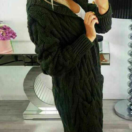 Women Full Sleeve Cable Knit Cardigan Hooded Long Line Jumper