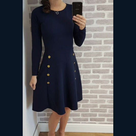 Ladies Military Army Long Sleeves Dress Womens Gold Button Dress