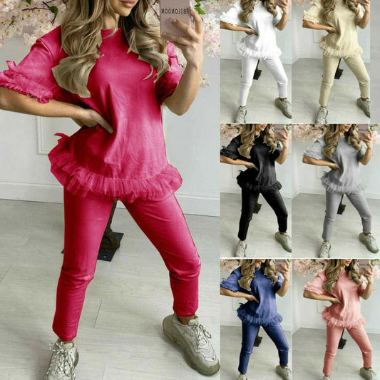 Women Tracksuit 2 Piece Frill Loungewear Top and Bottom Short Sleeves