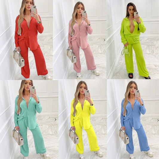 New Ladies Cheesecloth Co-Ord Set Women 2 Pcs Shirt Flare Trousers Loungewear