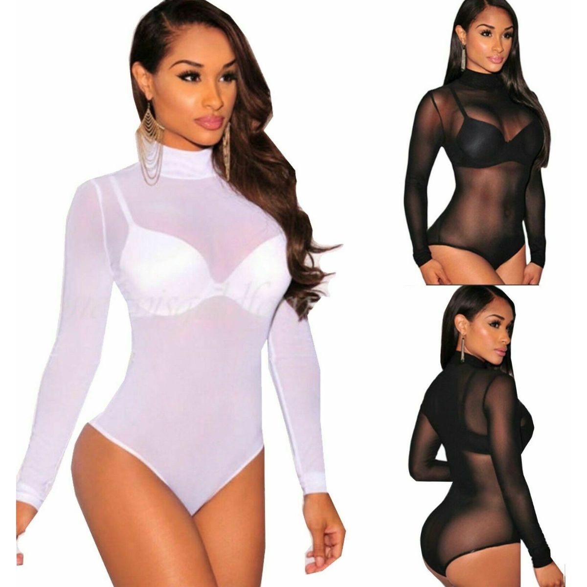 Women Lingerie Mesh Lace Long Sleeve Leotard Bodysuit Black Clubwear Jumpsuit