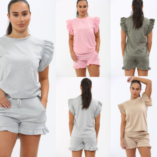 Women Peplum Frill Sleeve Top Shorts Co ord Set 2Pcs Plain Loungewear