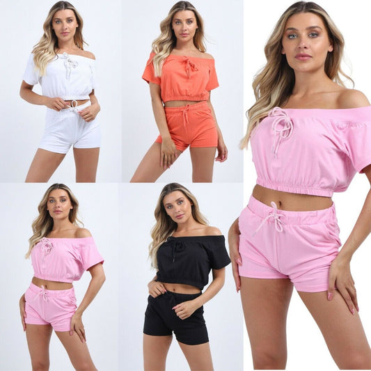 Women Off-Shoulder Short Sleeves Top Short Pants 2 Peice New Co-ord