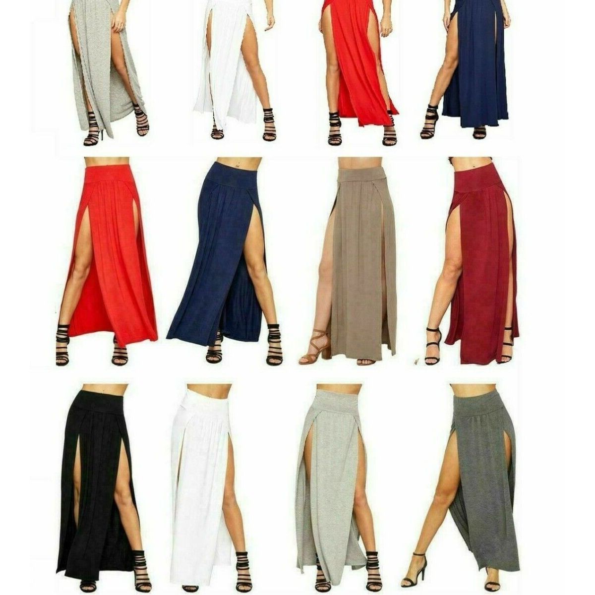 Women Side Slit Double Plain Stretchy Gypsy Maxi Long Skirt