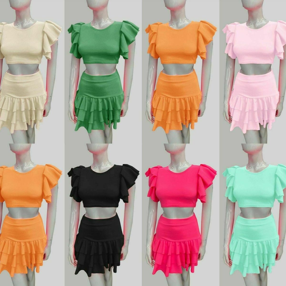 Women's 2Piece Crop Top Frill Skirt Ladies Short Ruffle Frill Sleeves