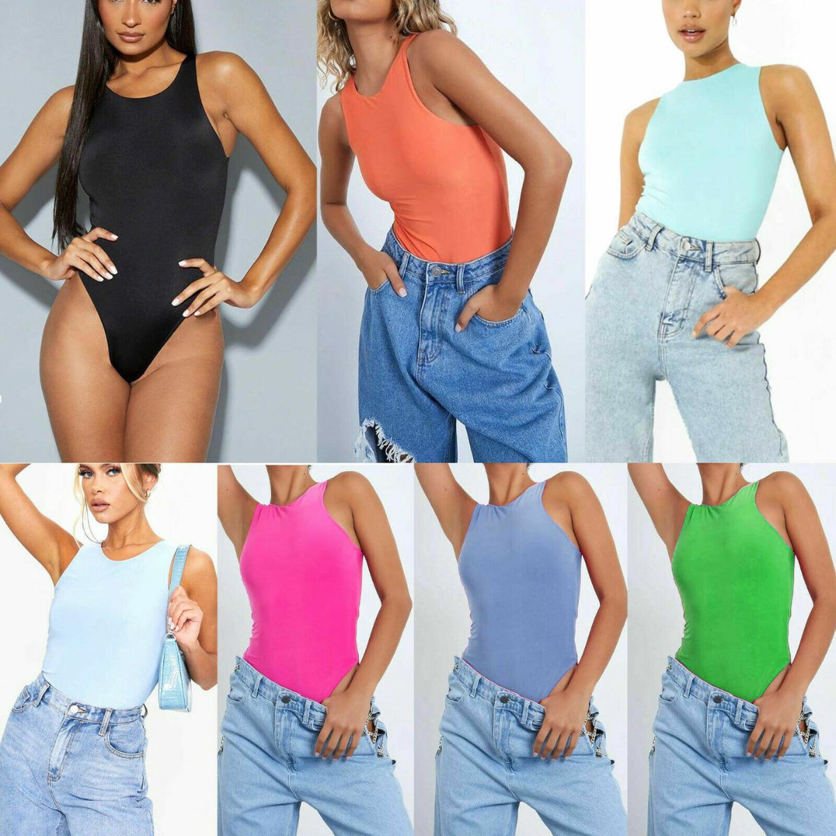 Women's Slinky Fashion Leotard Slinky Sleeveless Bodysuit 6 Colours Size Uk8-14