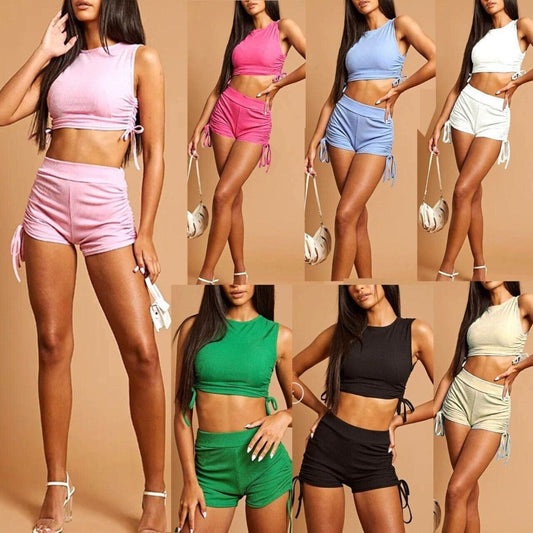 Womens Ladies Crop Ruched Side String Sleeveless Ribbed Top Shorts
