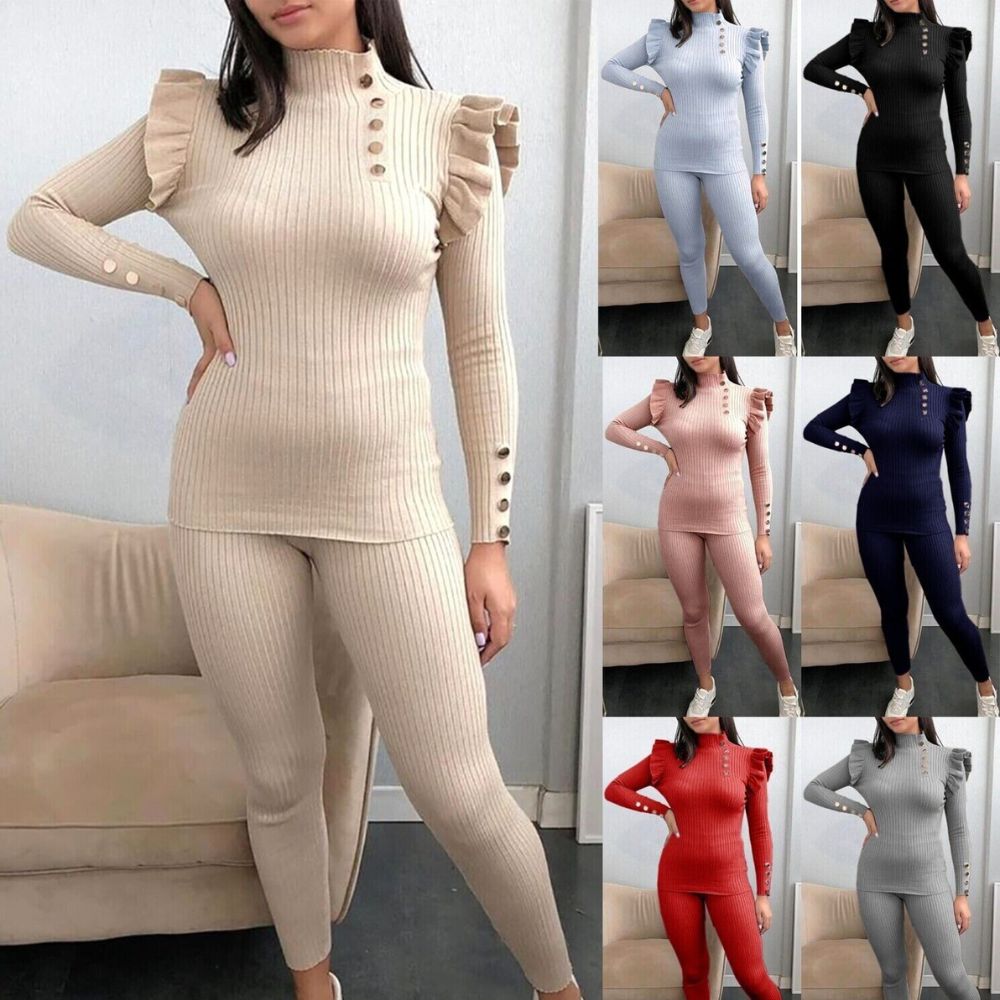 Women Tracksuit Loungewear 2 Piece Gold Button Frill Knit Rib Jumper