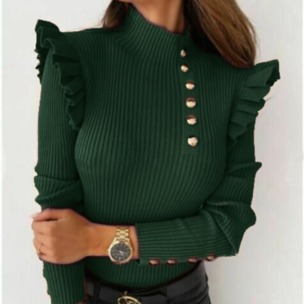 Womens Full Sleeves Knitted Sweaters Jumpers Party Top Gold Button