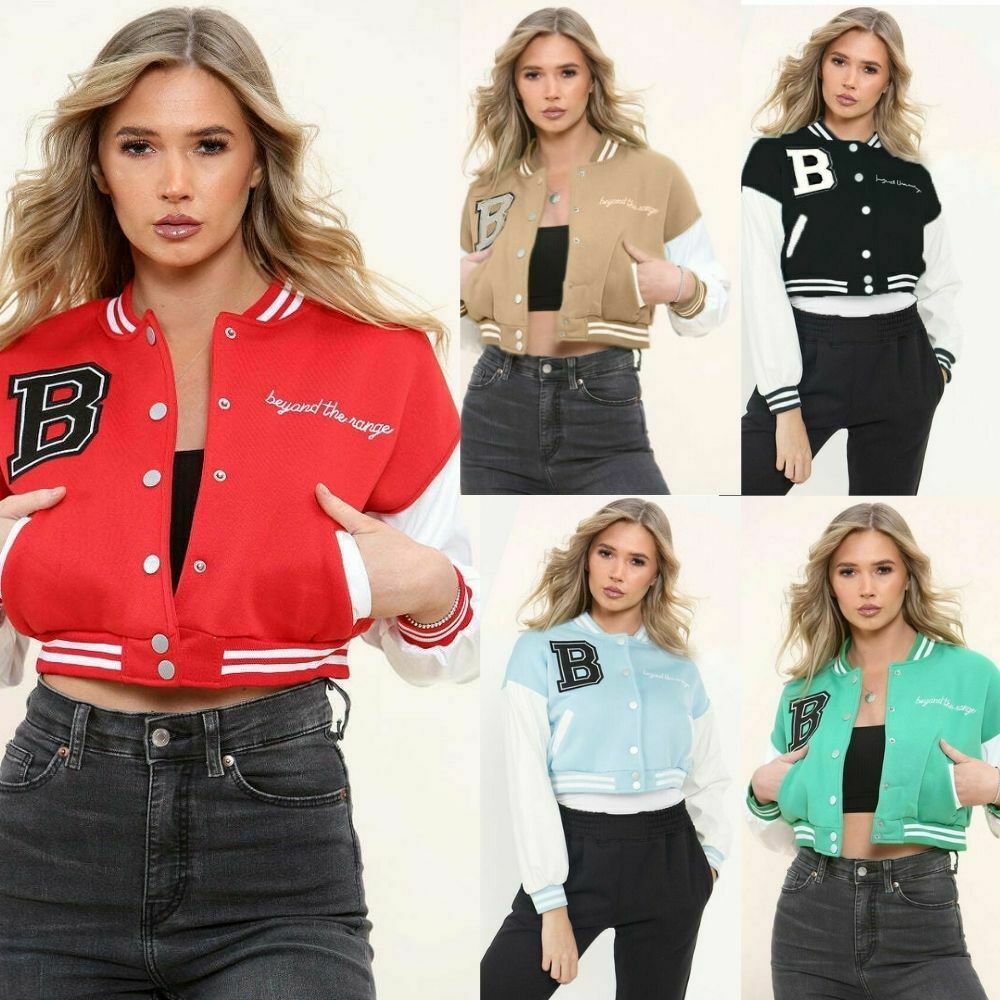 Women´s Cropped Baseball Jacket Long Sleeve Button Up Closure Bomber Pu Leather