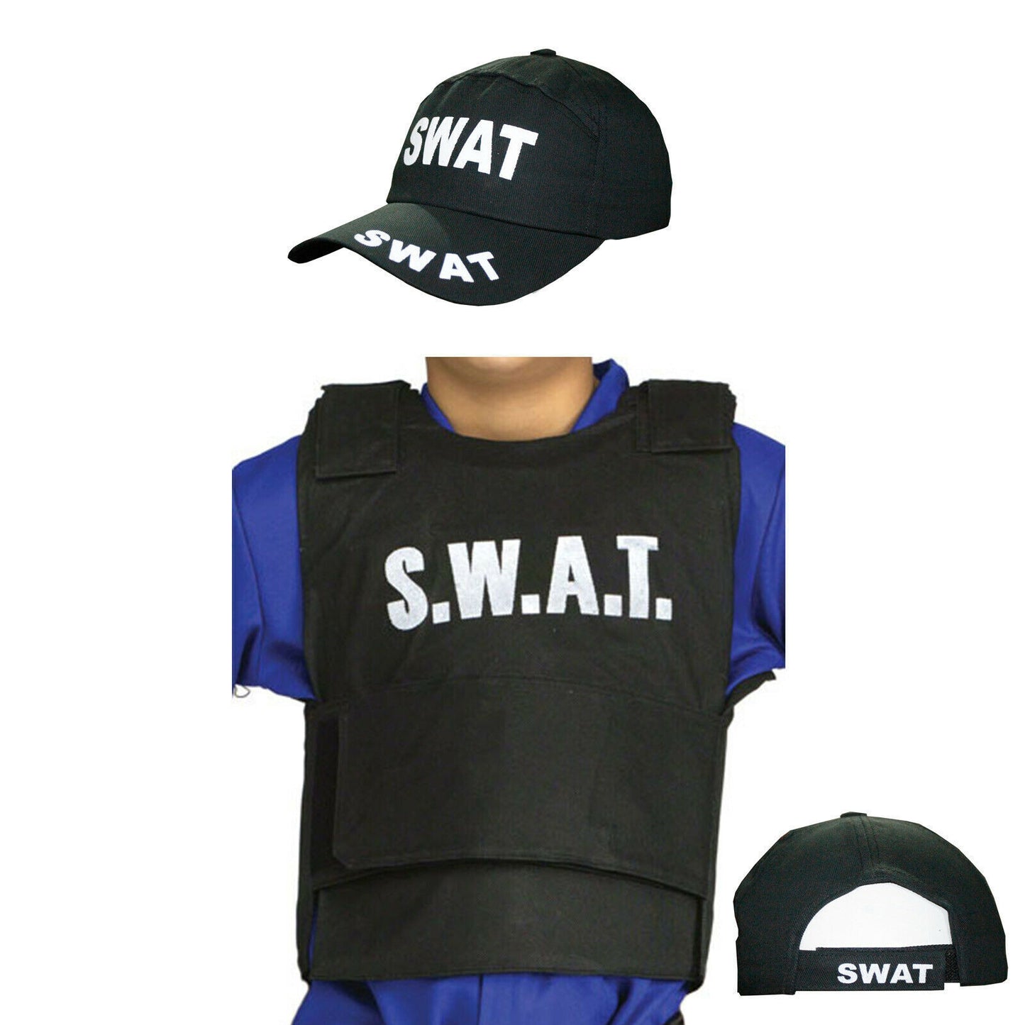 Boys Kids Police Swat Team Fake Bulletproof Vest & Cap Fancy Dress