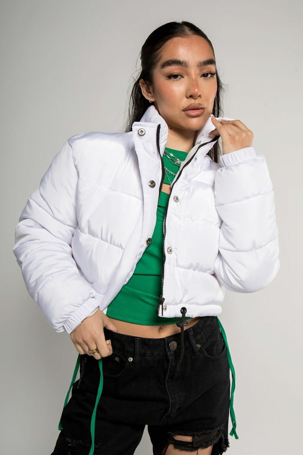 white women cropped puffer jacket coat