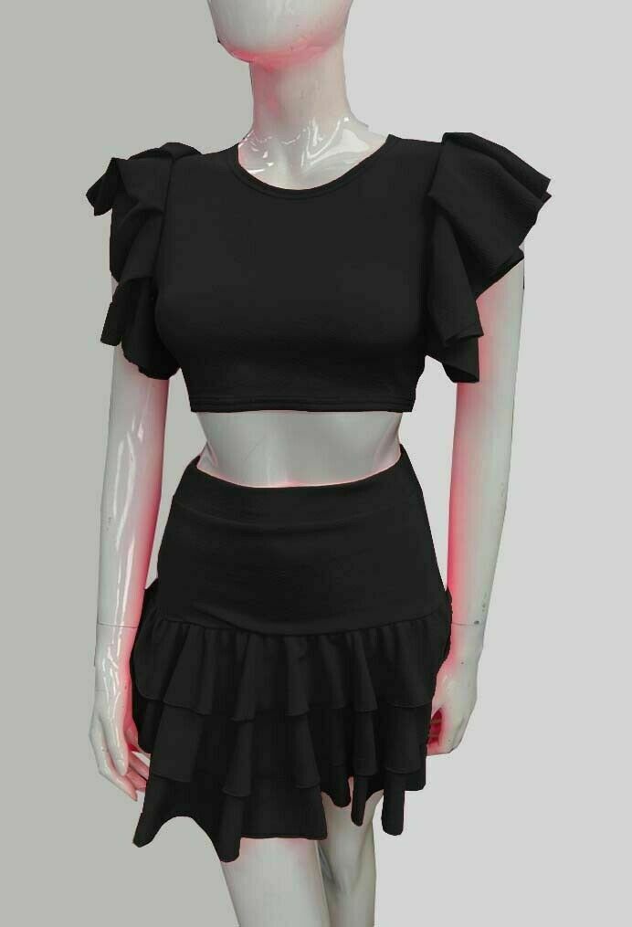 Women's 2Piece Crop Top Frill Skirt Ladies Short Ruffle Frill Sleeves