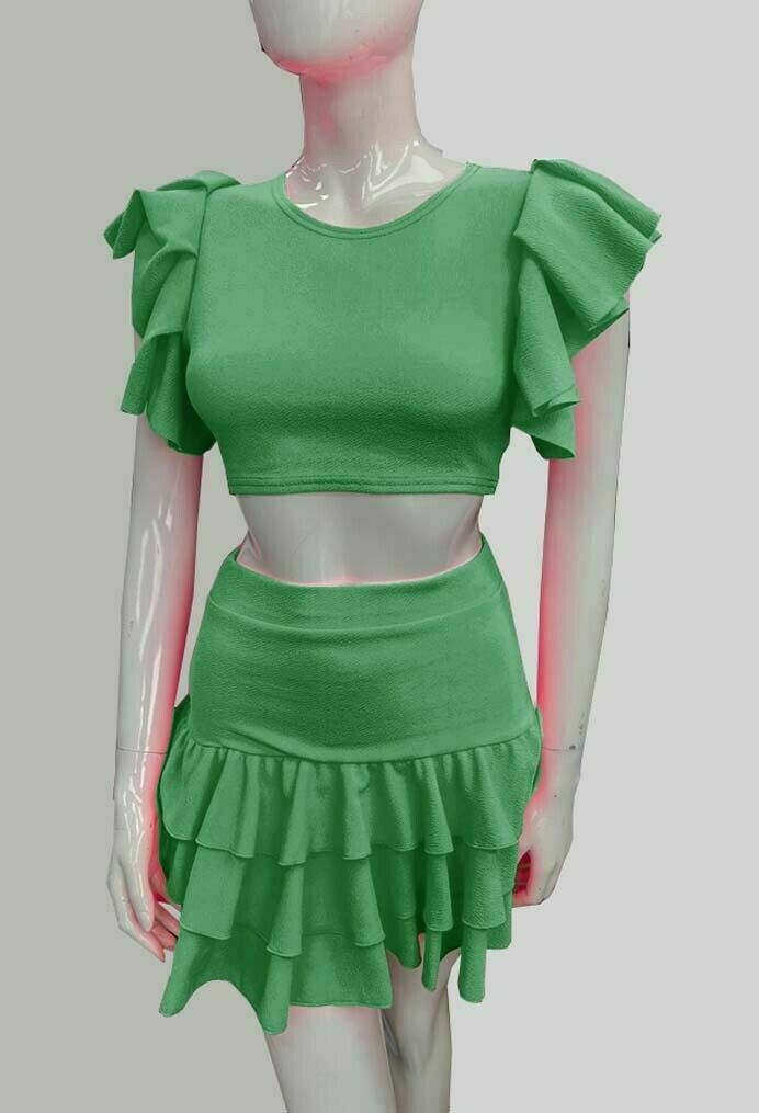 Women's 2Piece Crop Top Frill Skirt Ladies Short Ruffle Frill Sleeves