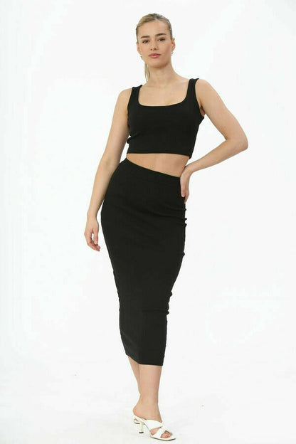 Ladies Crop Top Ribbed Midi Skirt 2 Piece Co-Ord Set Outfit