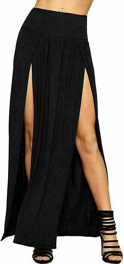 Women Side Slit Double Plain Stretchy Gypsy Maxi Long Skirt