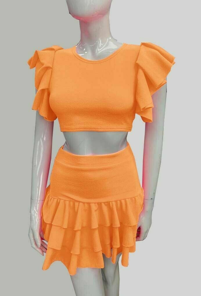 Women's 2Piece Crop Top Frill Skirt Ladies Short Ruffle Frill Sleeves