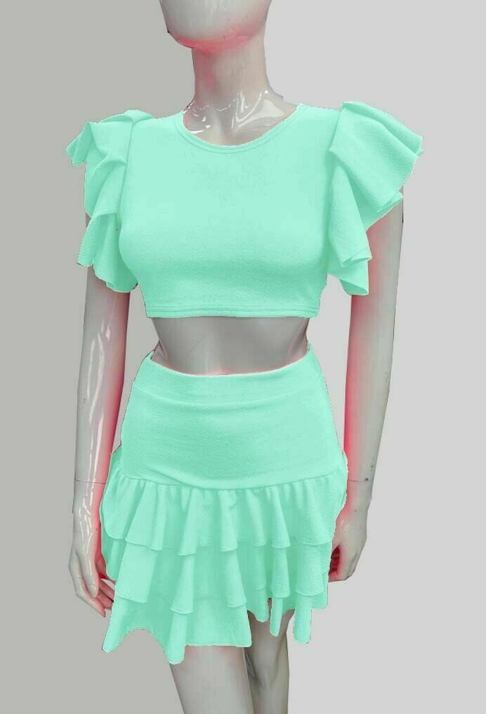 Women's 2Piece Crop Top Frill Skirt Ladies Short Ruffle Frill Sleeves