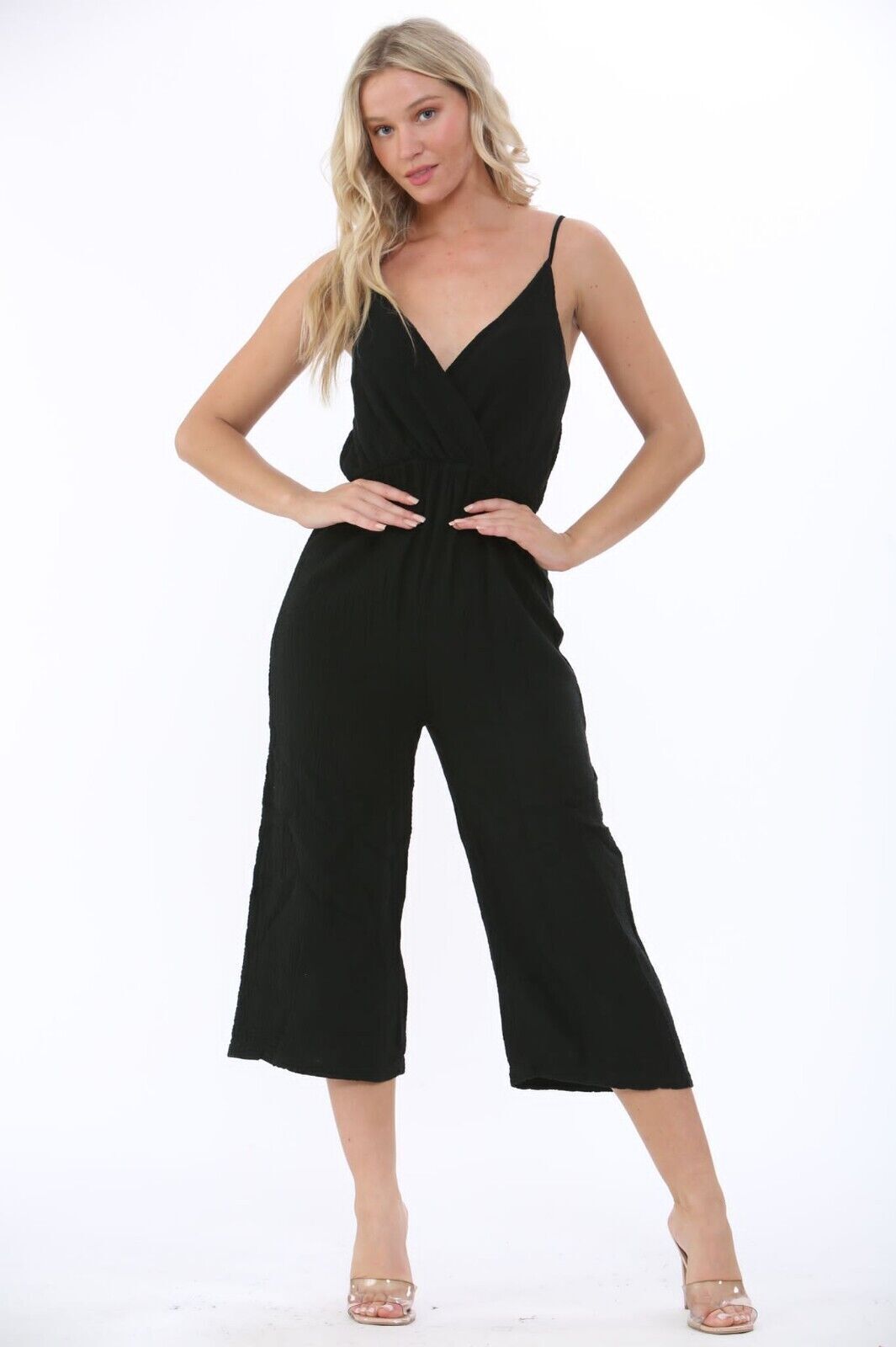 Ladies Wrap Over Jumpsuit Wide Leg Strappy Summer Dress V-Neck