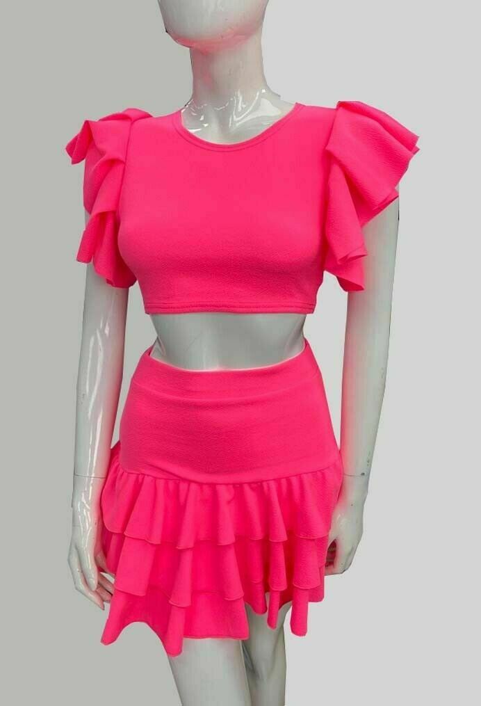 Women's 2Piece Crop Top Frill Skirt Ladies Short Ruffle Frill Sleeves