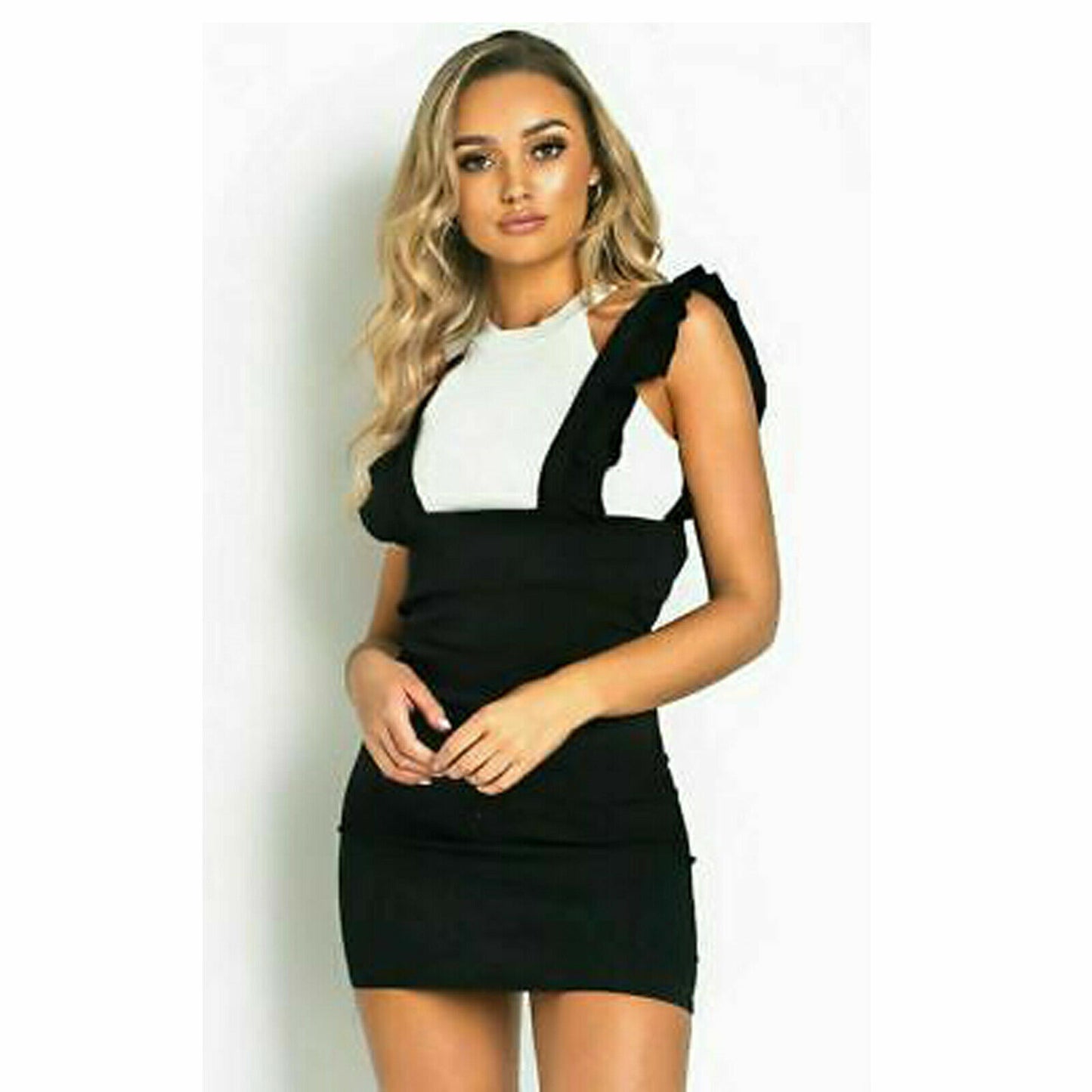 Ladies Checked Dog Tooth Pinafore Ruffle White Bodycon Mini Skirt