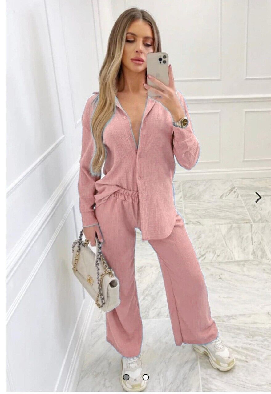 Co-Ord Set Women 2 Pcs Shirt Flare Trousers Loungewear pink