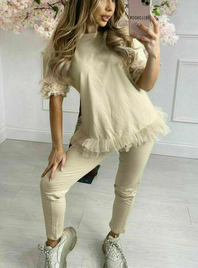 Women Tracksuit 2 Piece Frill Loungewear Top and Bottom Short Sleeves