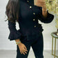 Womens Ruffle Frill Fine Ribbed Gold Button Top Co-Ord Lounge Set