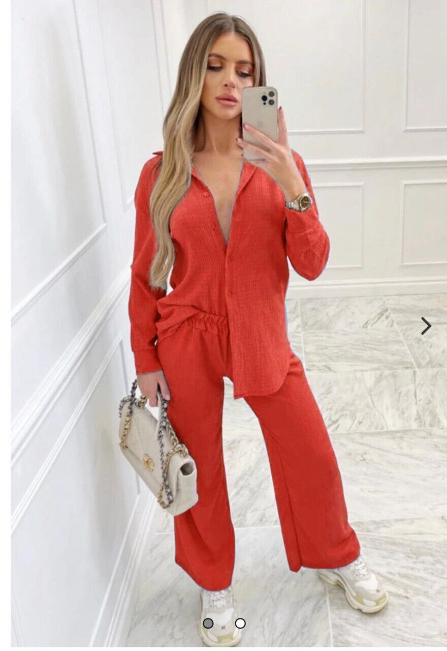 Co-Ord Set Women 2 Pcs Shirt Flare Trousers Loungewear red