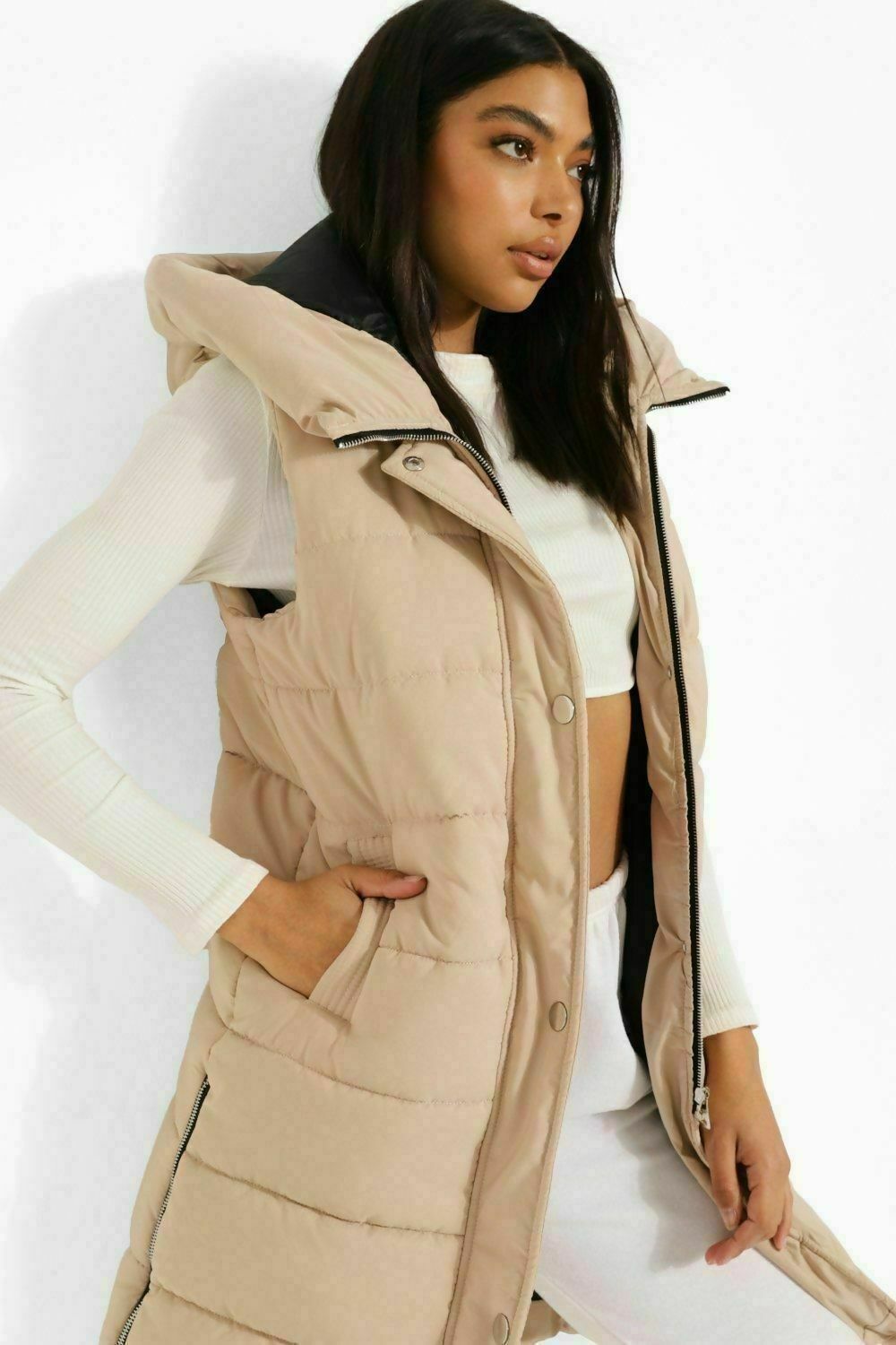 women longline puffer gilet hooded jacket