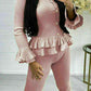 Womens Ruffle Frill Fine Ribbed Gold Button Top Co-Ord Lounge Set