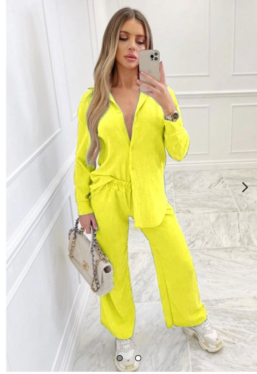 Co-Ord Set Women 2 Pcs Shirt Flare Trousers Loungewear yellow