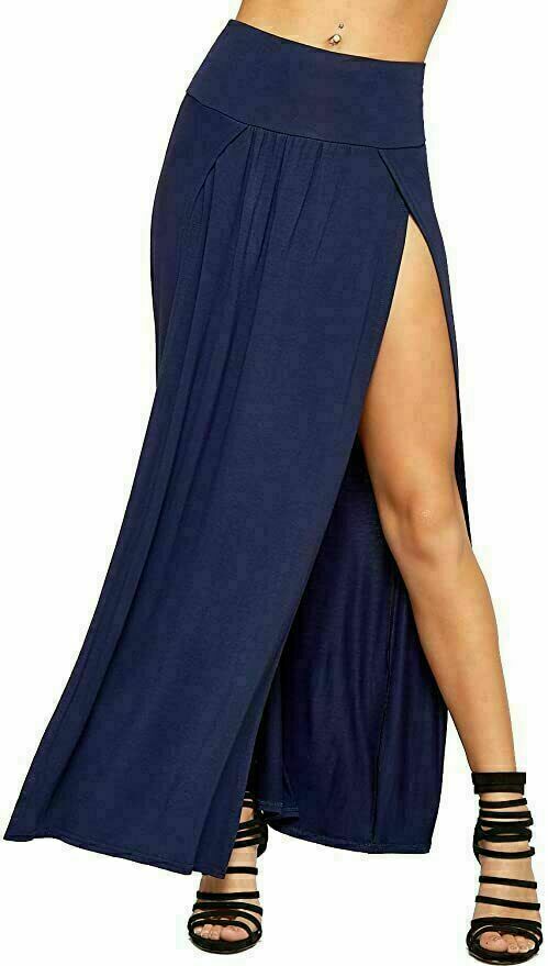 Women Side Slit Double Plain Stretchy Gypsy Maxi Long Skirt