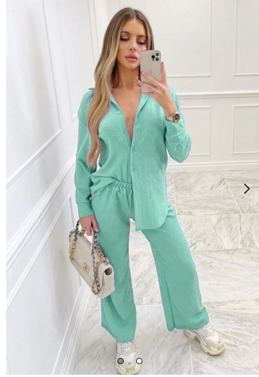 Co-Ord Set Women 2 Pcs Shirt Flare Trousers Loungewear mint