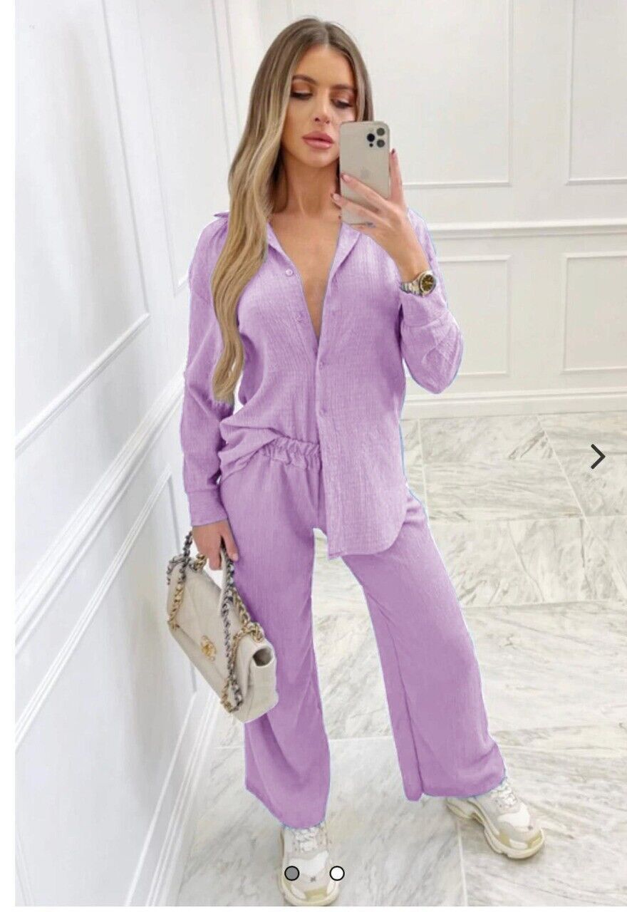 Co-Ord Set Women 2 Pcs Shirt Flare Trousers Loungewear lilac