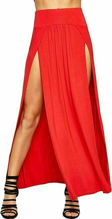 Women Side Slit Double Plain Stretchy Gypsy Maxi Long Skirt