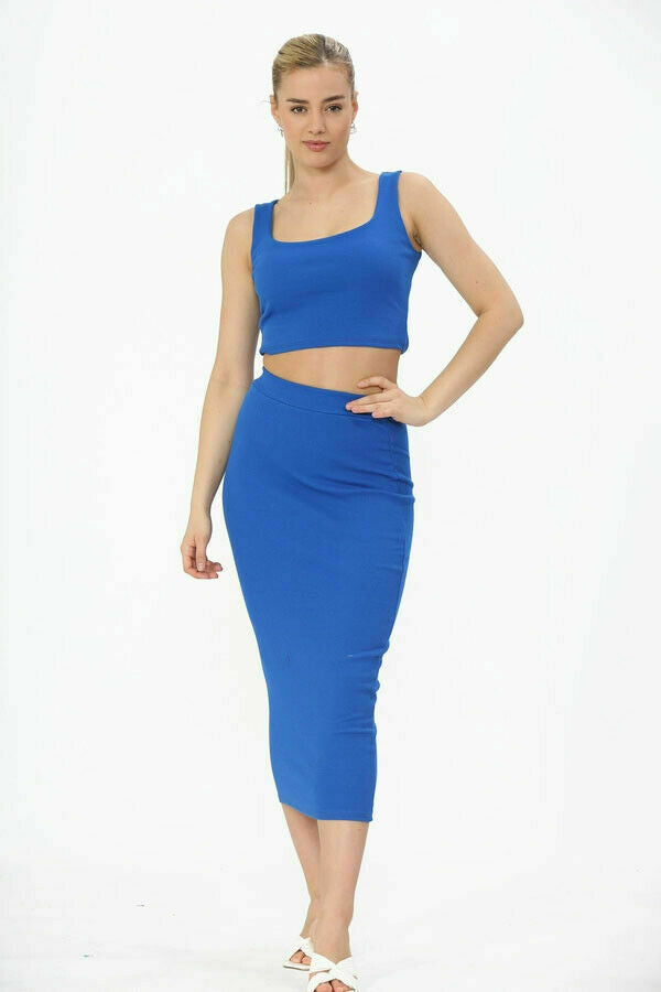 co-ord set midi skirt blue