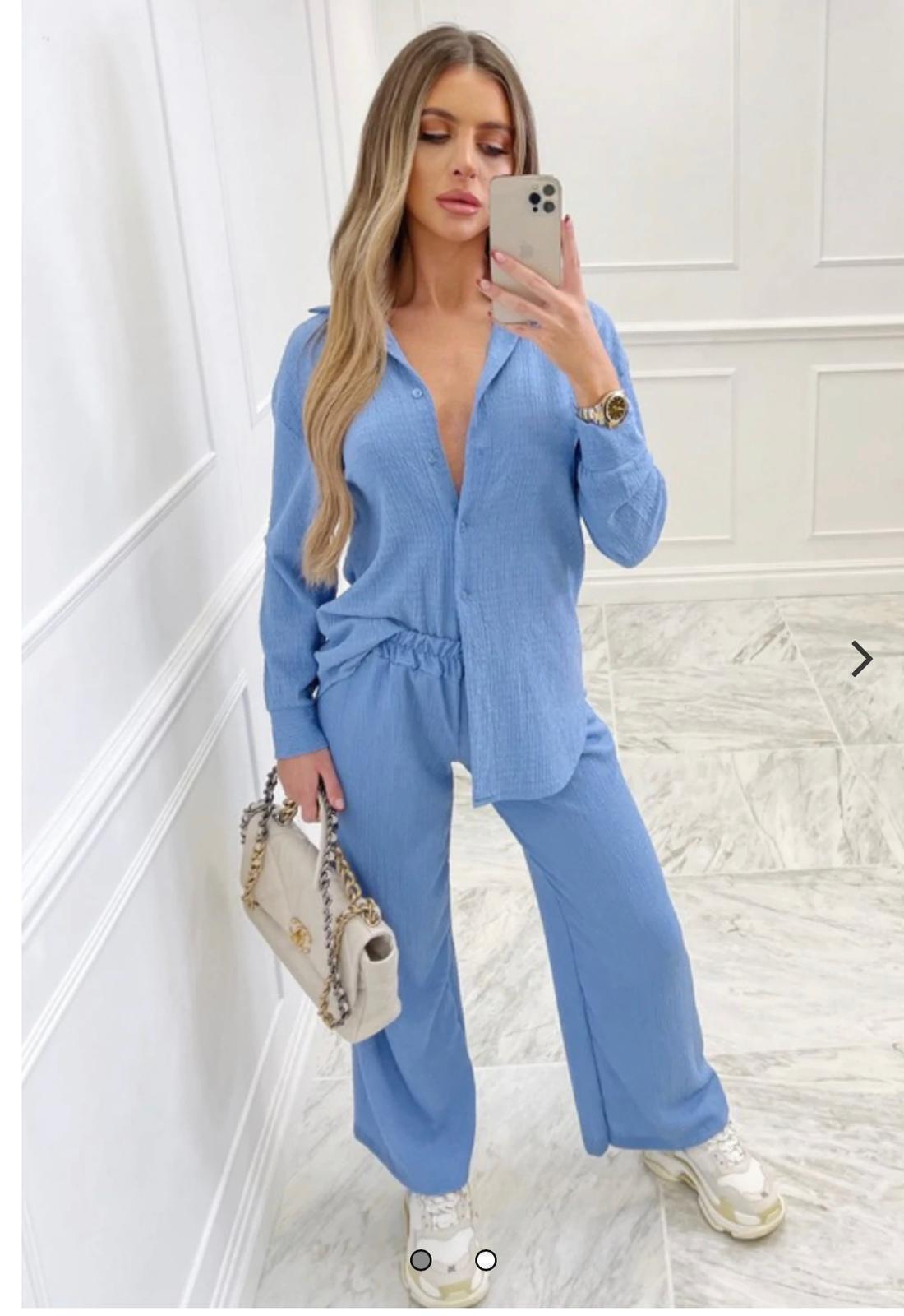 New Ladies Cheesecloth Co-Ord Set Women 2 Pcs Shirt Flare Trousers Loungewear