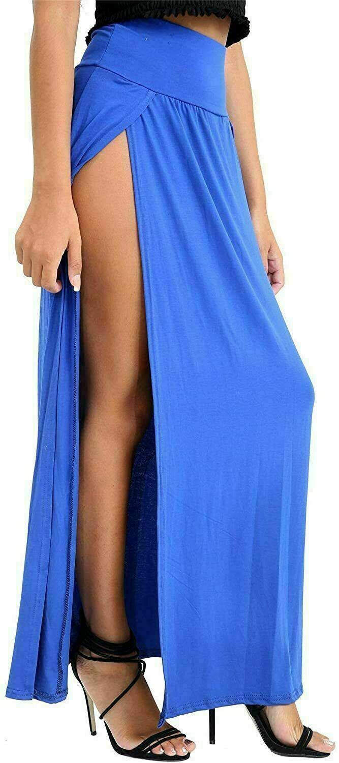 Women Side Slit Double Plain Stretchy Gypsy Maxi Long Skirt