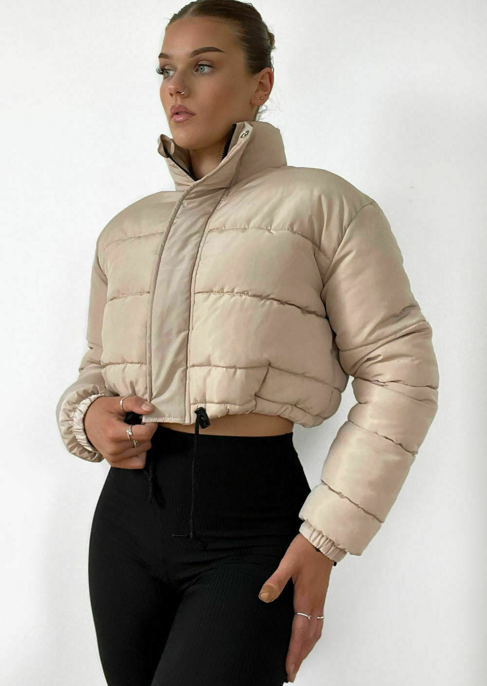 women cropped cream puffer jacket coat