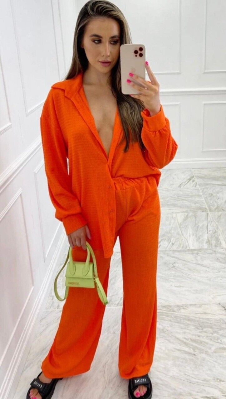 Co-Ord Set Women 2 Pcs Shirt Flare Trousers Loungewear orange