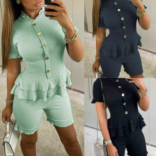 Womens Fine Ribbed Short Sleeve Frill Button Shorts Co ord Set