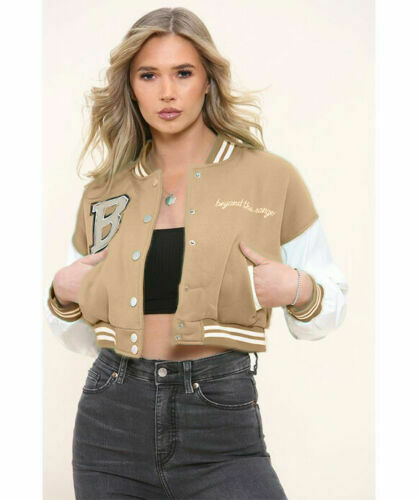 Women´s Cropped Baseball Jacket Long Sleeve Button Up Closure Bomber Pu Leather