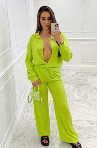 Co-Ord Set Women 2 Pcs Shirt Flare Trousers Loungewear lime green