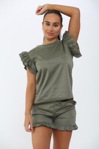 Women Peplum Frill Sleeve Top Shorts Co ord Set 2Pcs Plain Loungewear